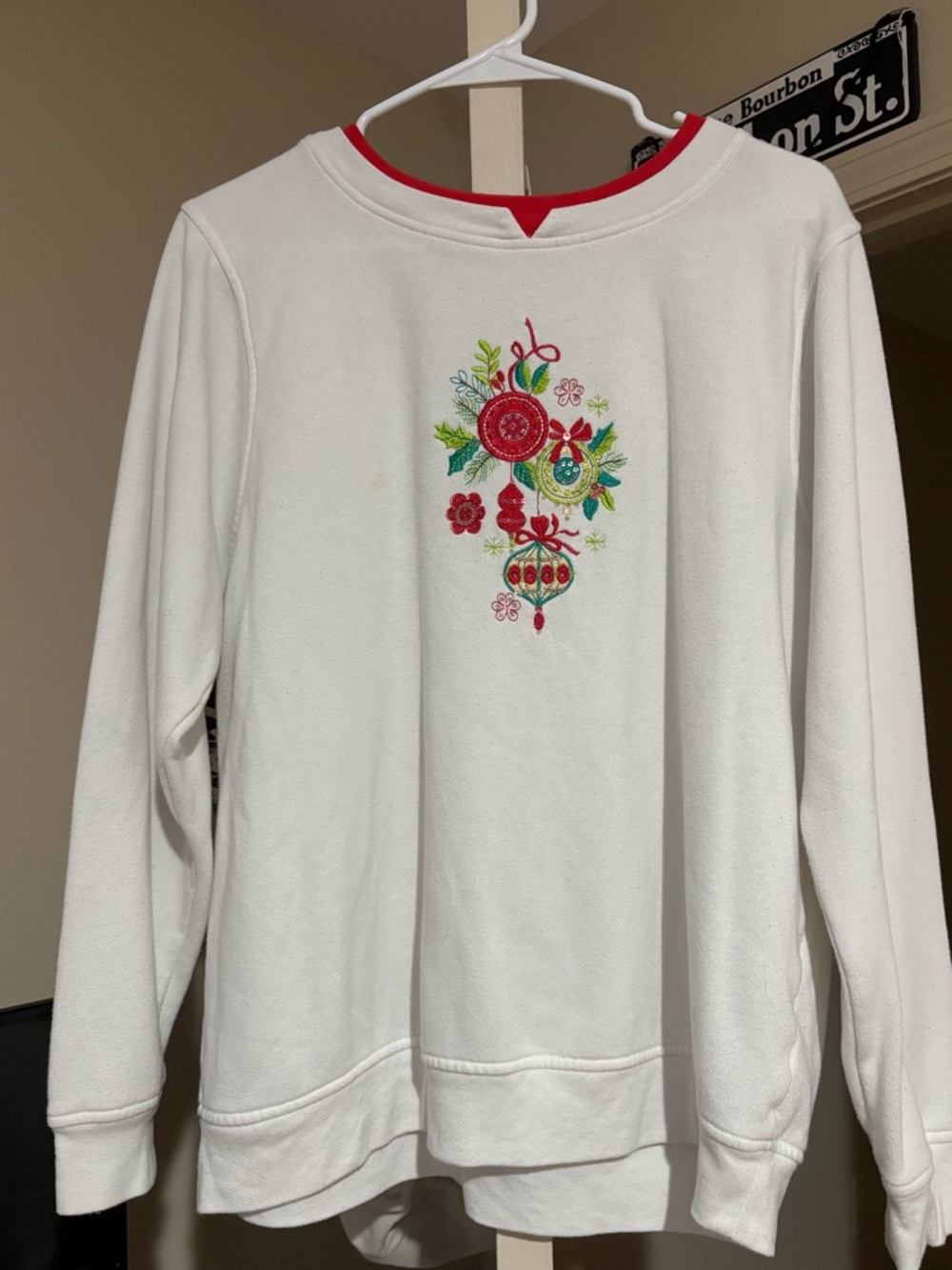 White Sweatshirt with Red Trim & Festive Embroidery